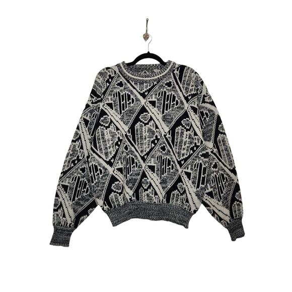 Vintage Sweater 80s 90s Grandpa Abstract Grunge Art Black White Lg Permit - Picture 1 of 5